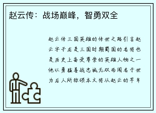 赵云传：战场巅峰，智勇双全
